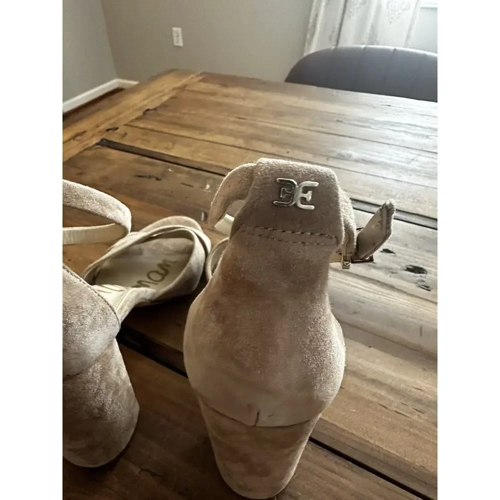 Sam Edelman Yancy Block Heels Ankle Straps Size 10 Suede Beige Wedding Business